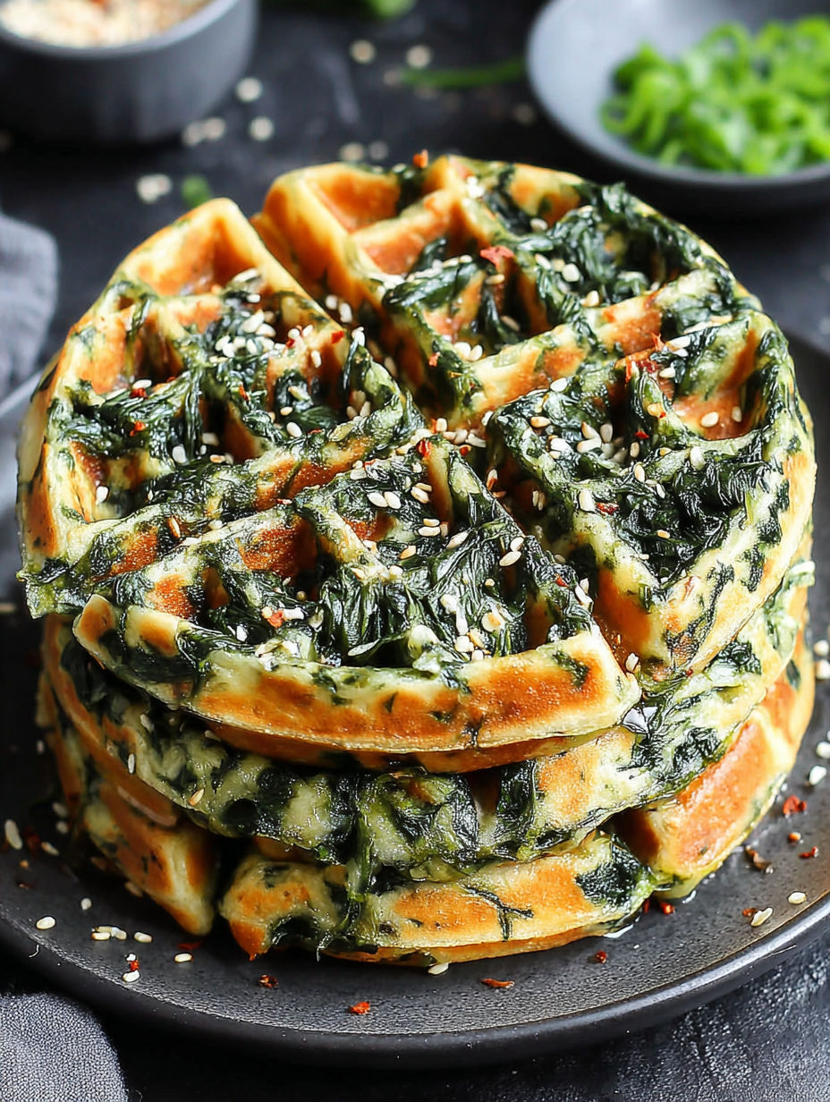 A stack of waffles with spinach on top.