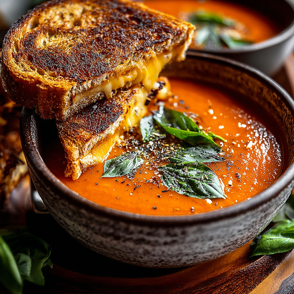A bowl of soup with a grilled cheese sandwich on top.