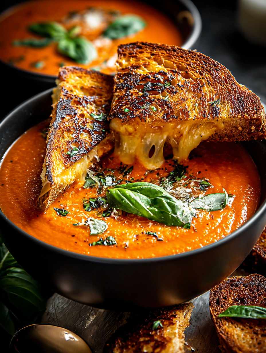 A bowl of soup with a piece of toasted cheese bread.