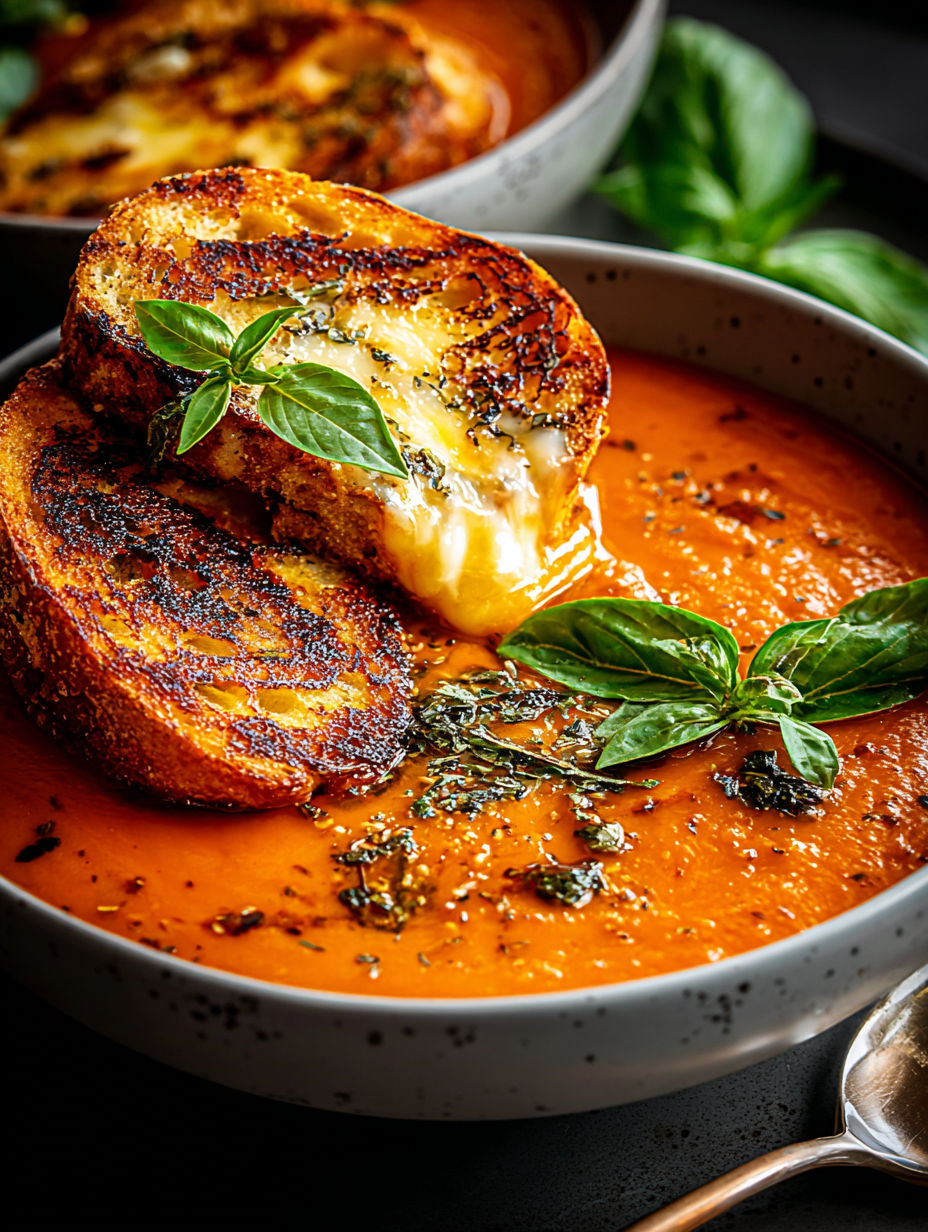A bowl of soup with a piece of toast on top.