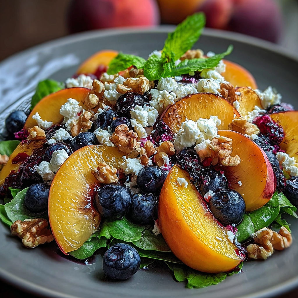 A plate of fruit salad with peaches, blueberries, and feta cheese.