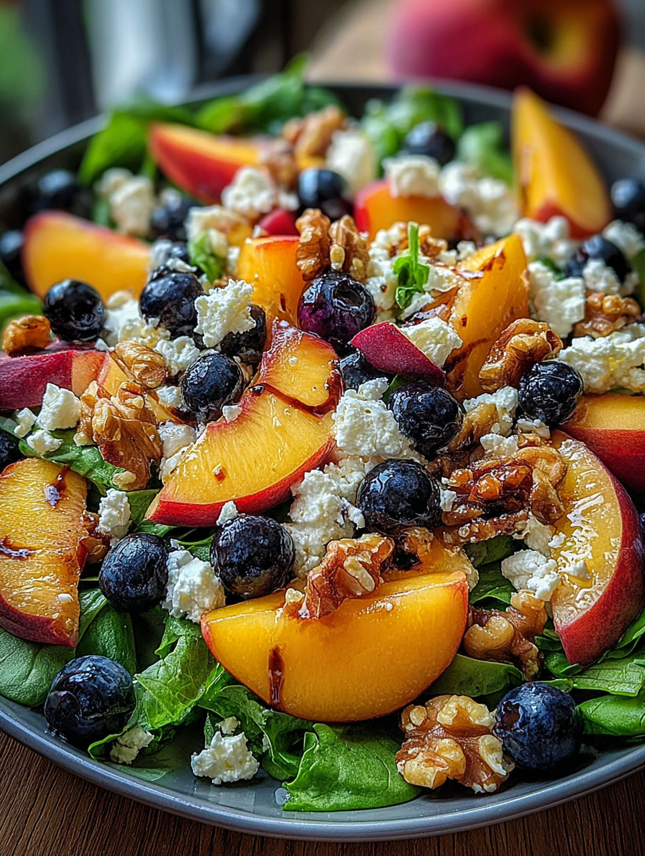 A bowl of salad with peaches, blueberries, and feta cheese.