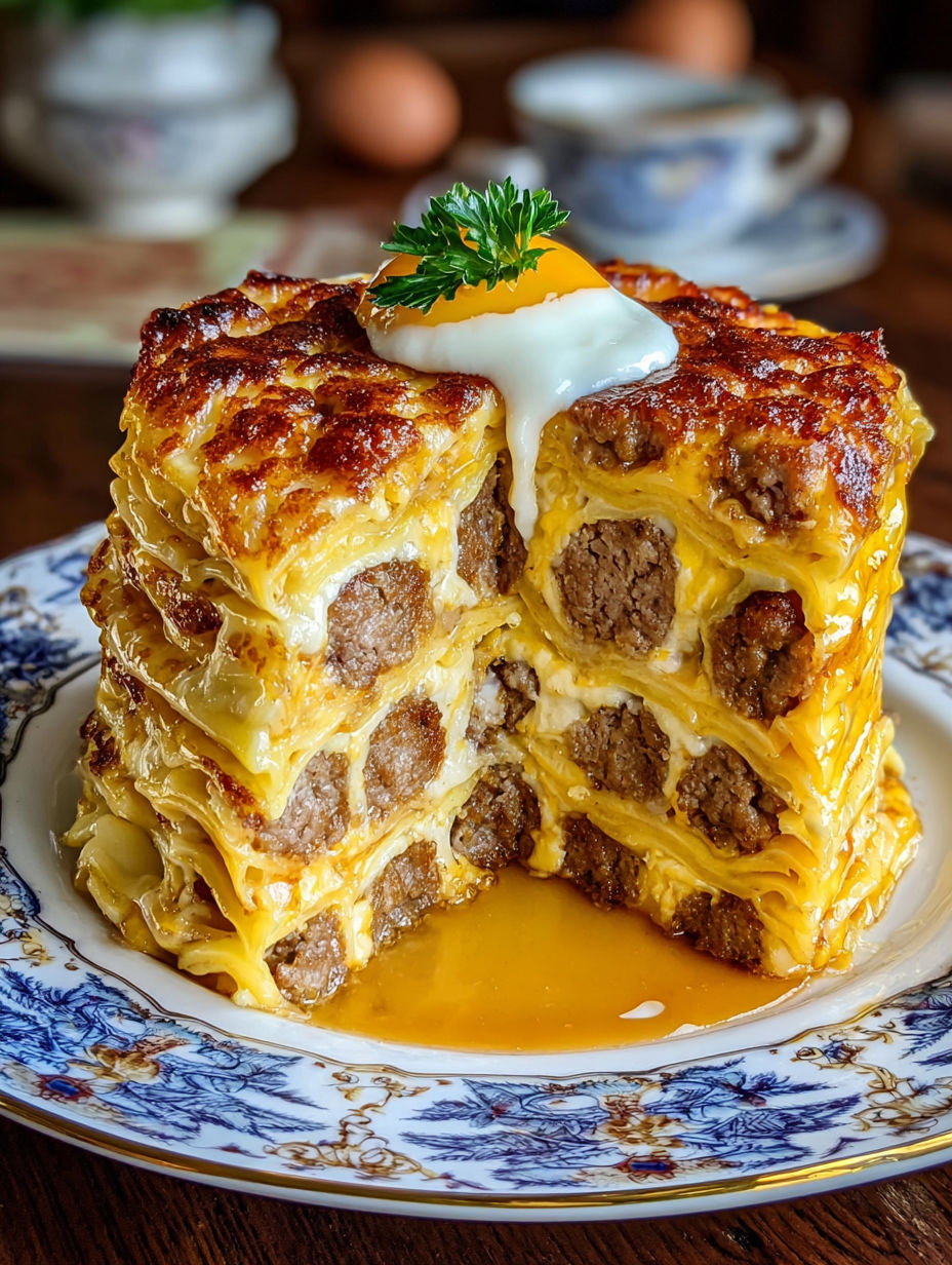 A stack of meat with a fried egg on top.