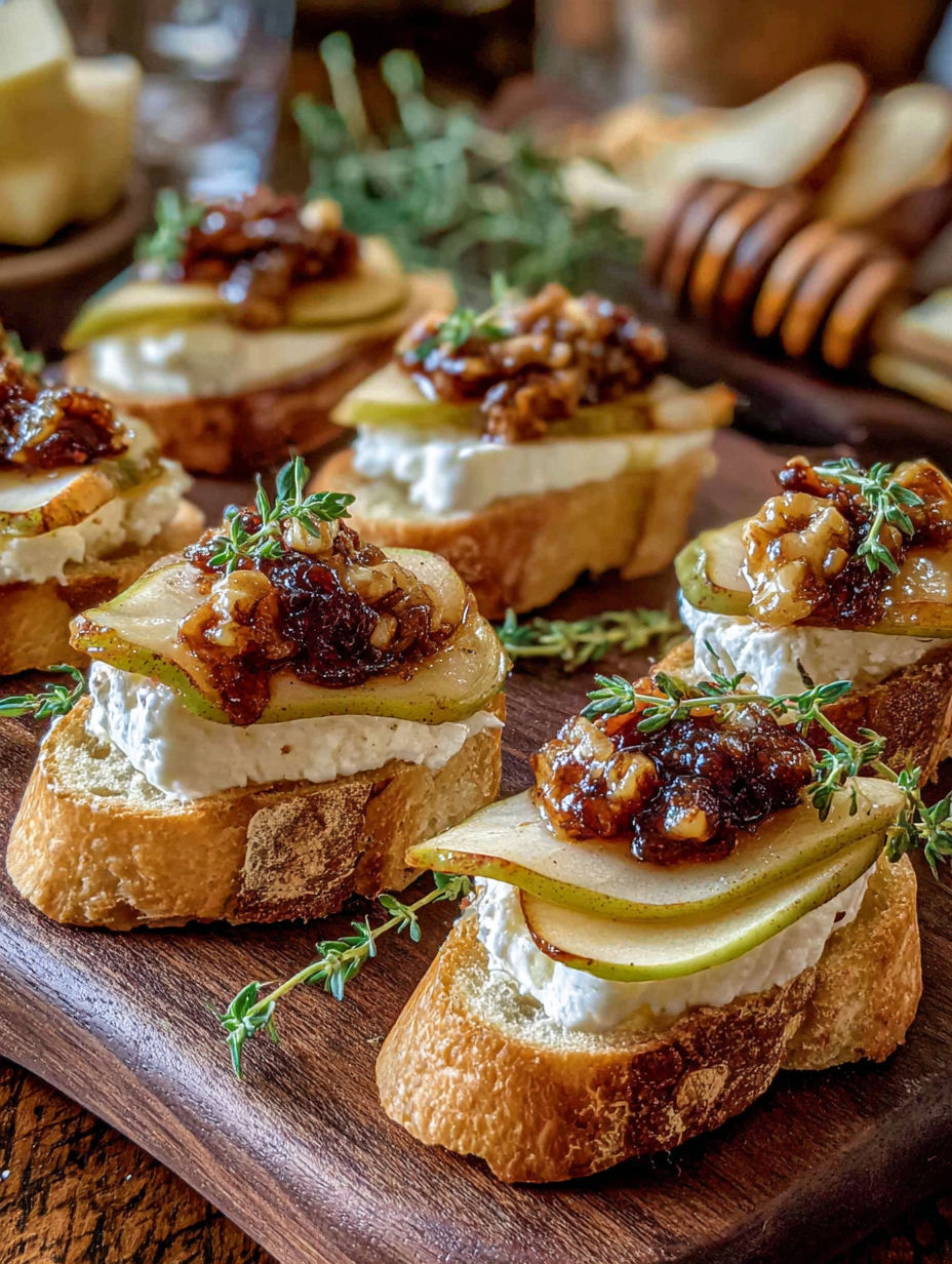 A plate of crostini with cheese and fruit on top.