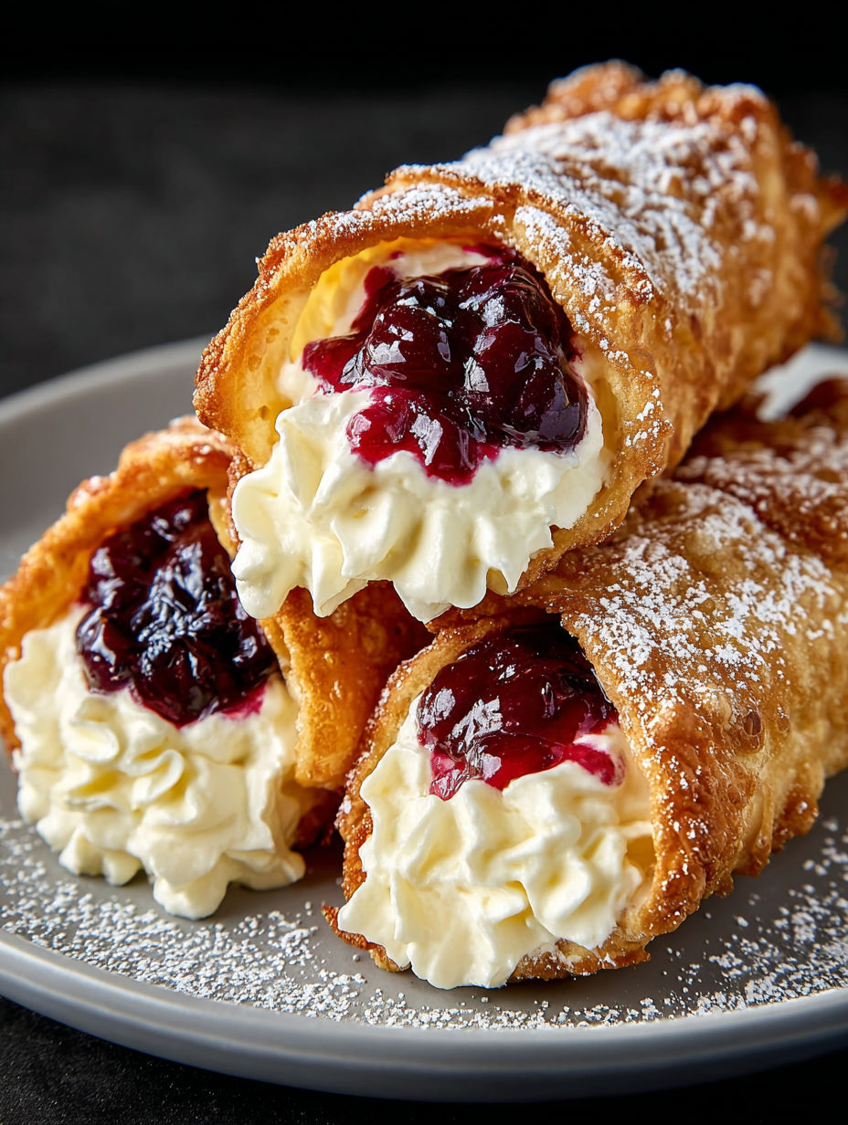 A pastry with white cream and blueberry filling.