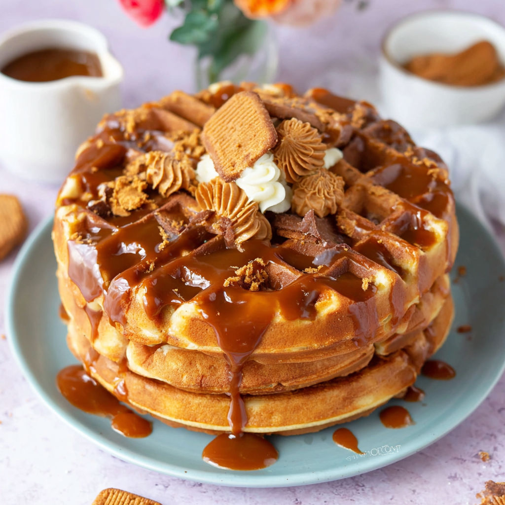 A plate of waffles with chocolate sauce and crushed cookies on top.