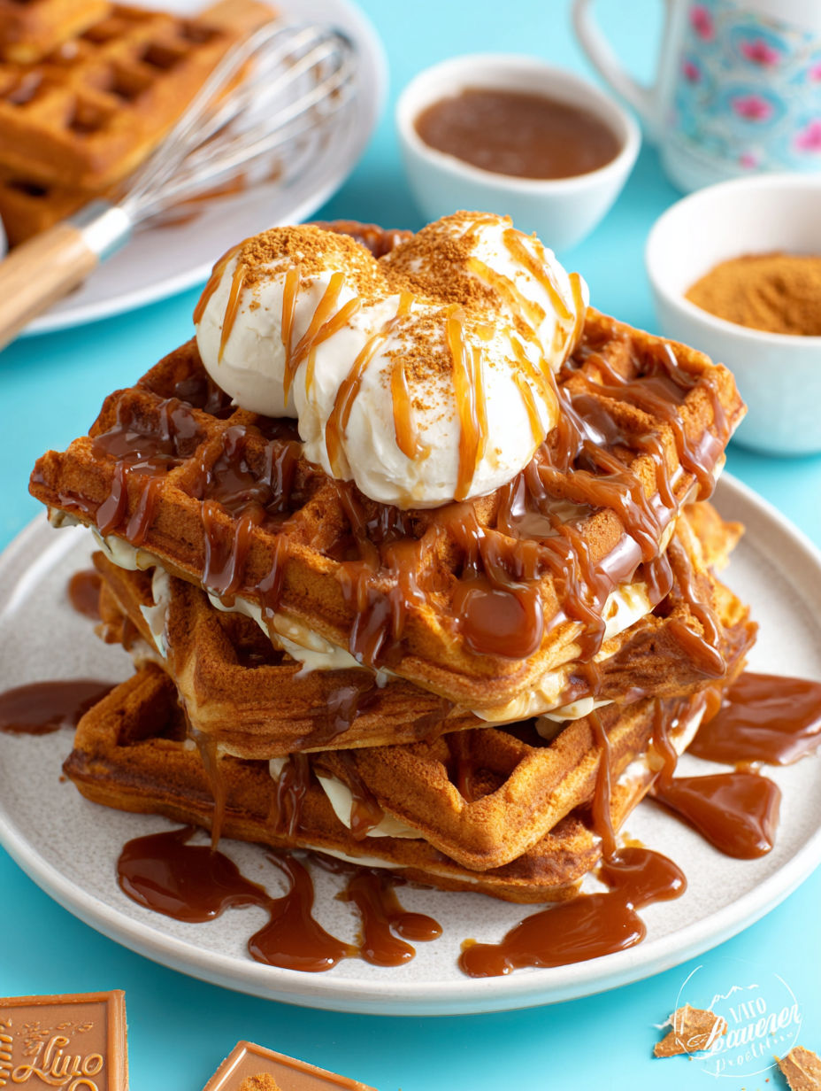 A stack of waffles with syrup on top.