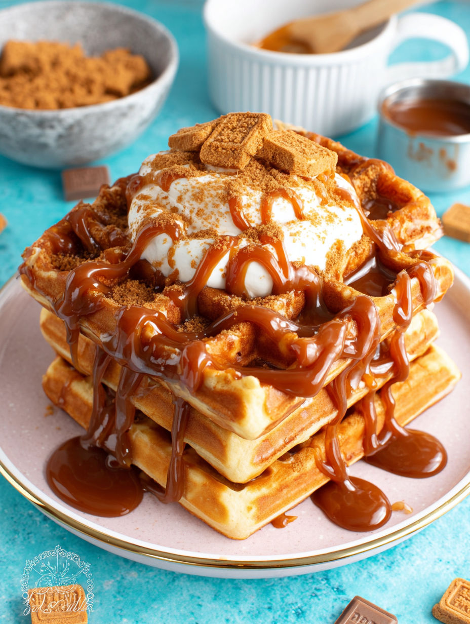 A stack of waffles with caramel sauce drizzled over them.