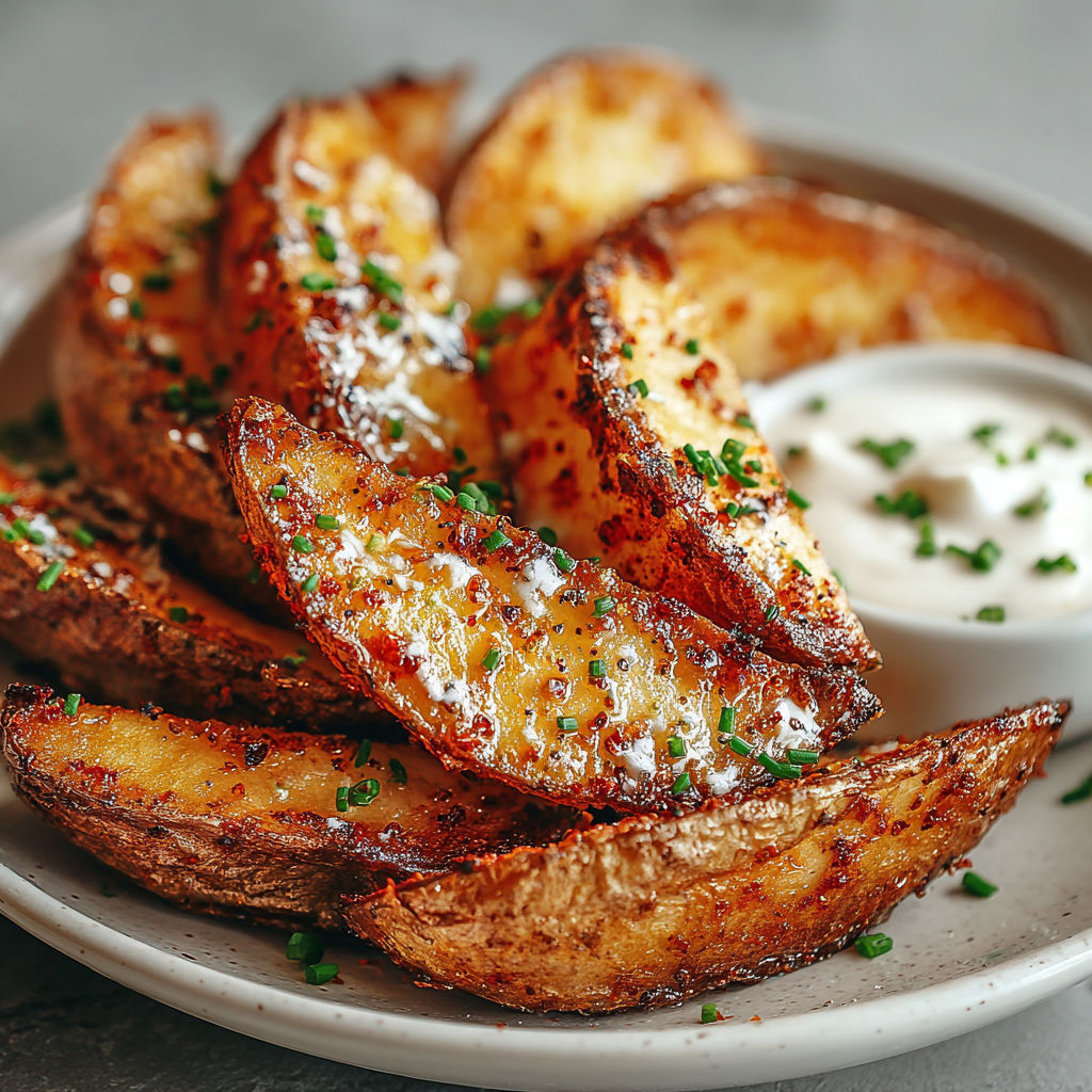 A plate of potato wedges with sauce.