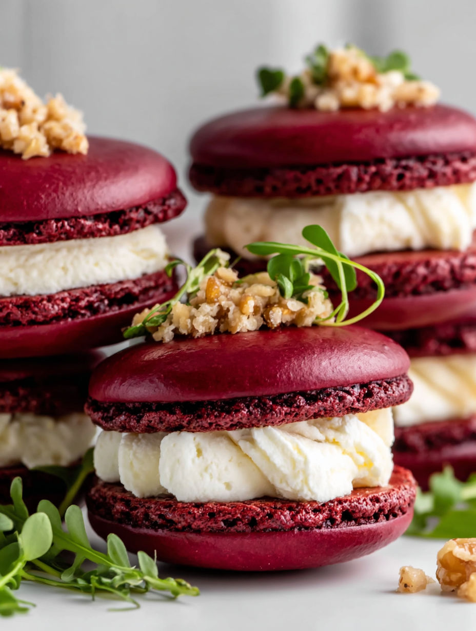 Red macarons with white cream and walnuts.