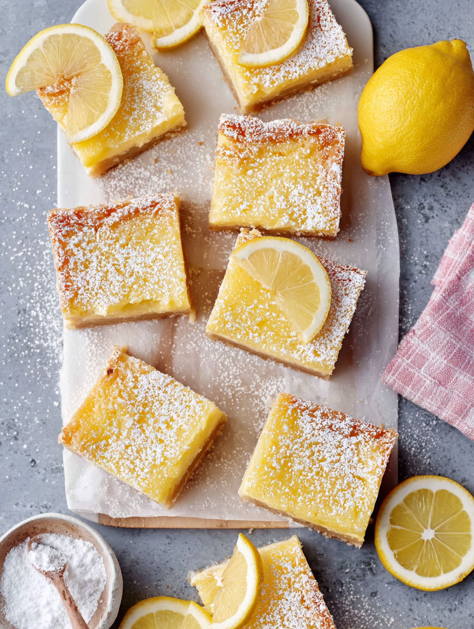 A plate of lemon squares with powdered sugar on top.