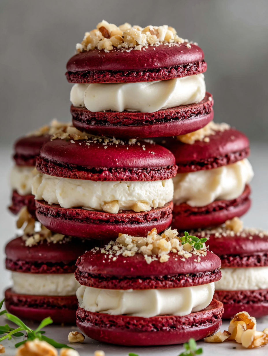 A stack of red macarons with white frosting and walnuts.