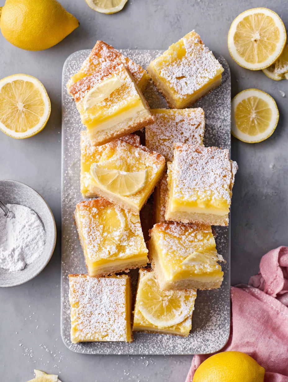 A plate of lemon squares with powdered sugar on top.