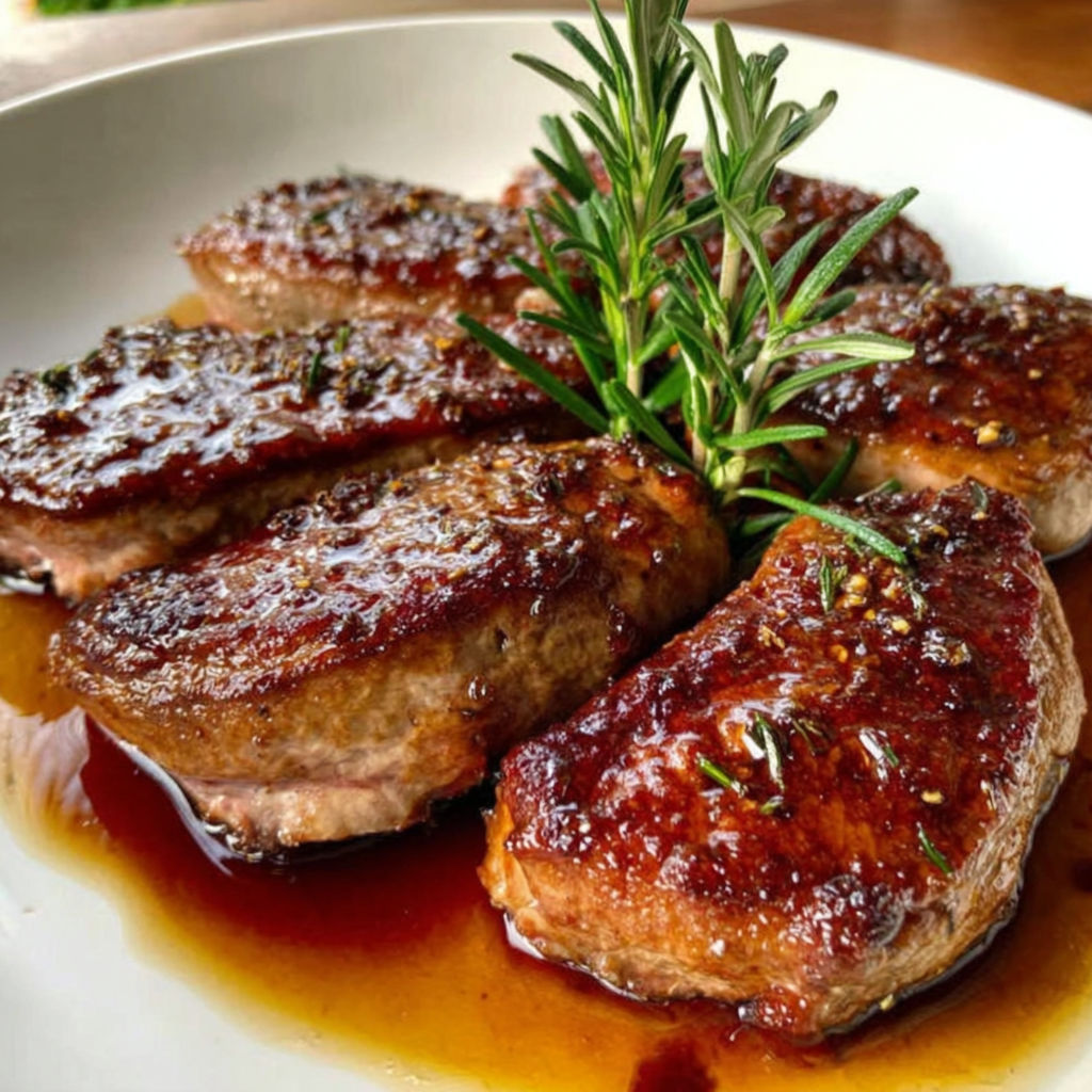 A plate of meat with a sprig of rosemary on top.