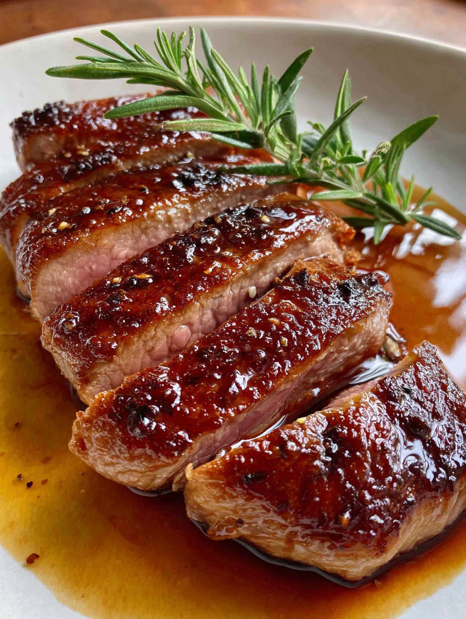 A close up of a piece of meat with a sprig of rosemary on top.