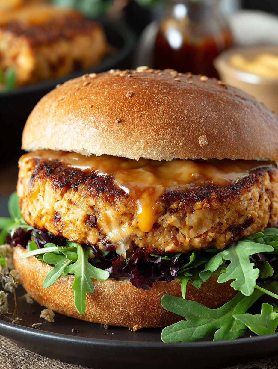 A burger with cheese and sauce on a bun.