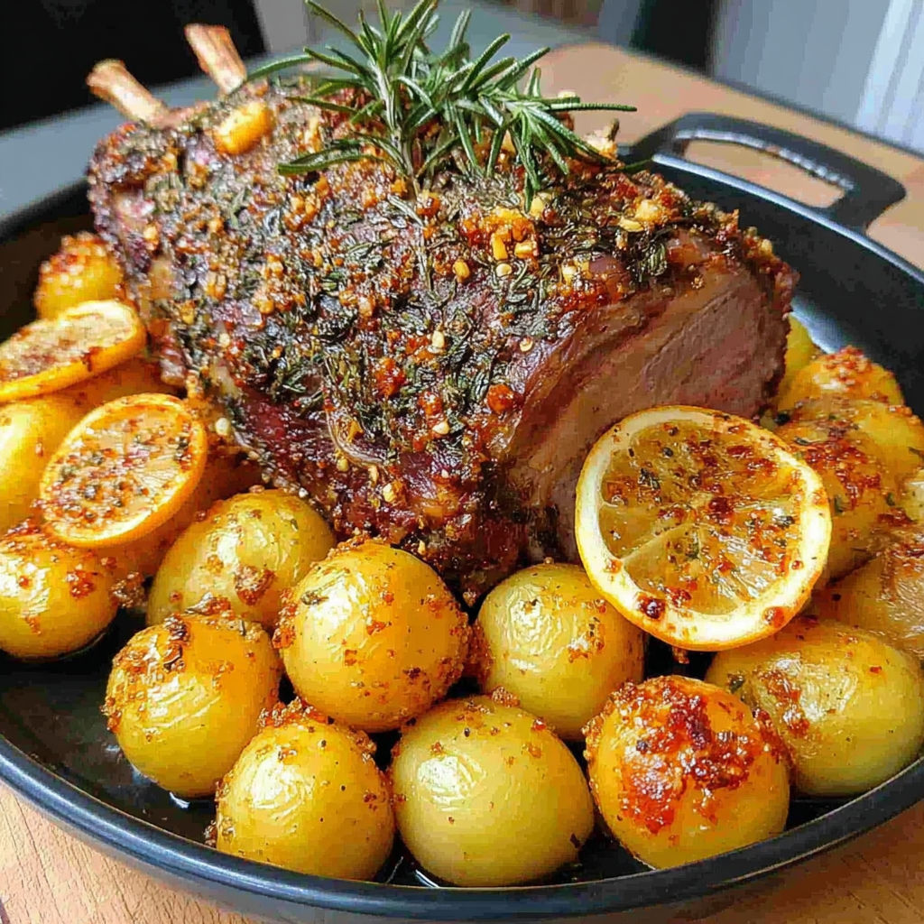 A roasted lamb with potatoes and lemon.