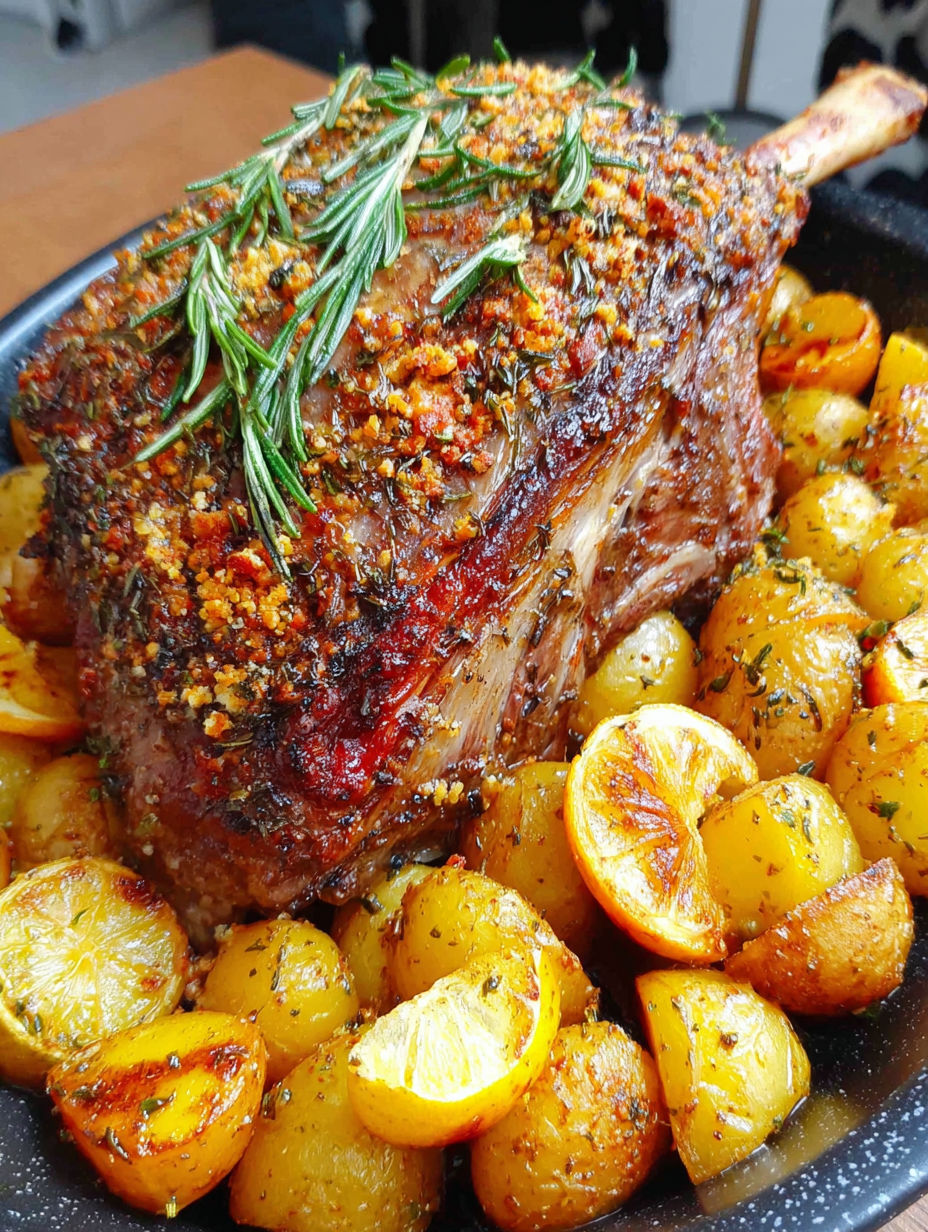 A roasted lamb with potatoes and oranges.
