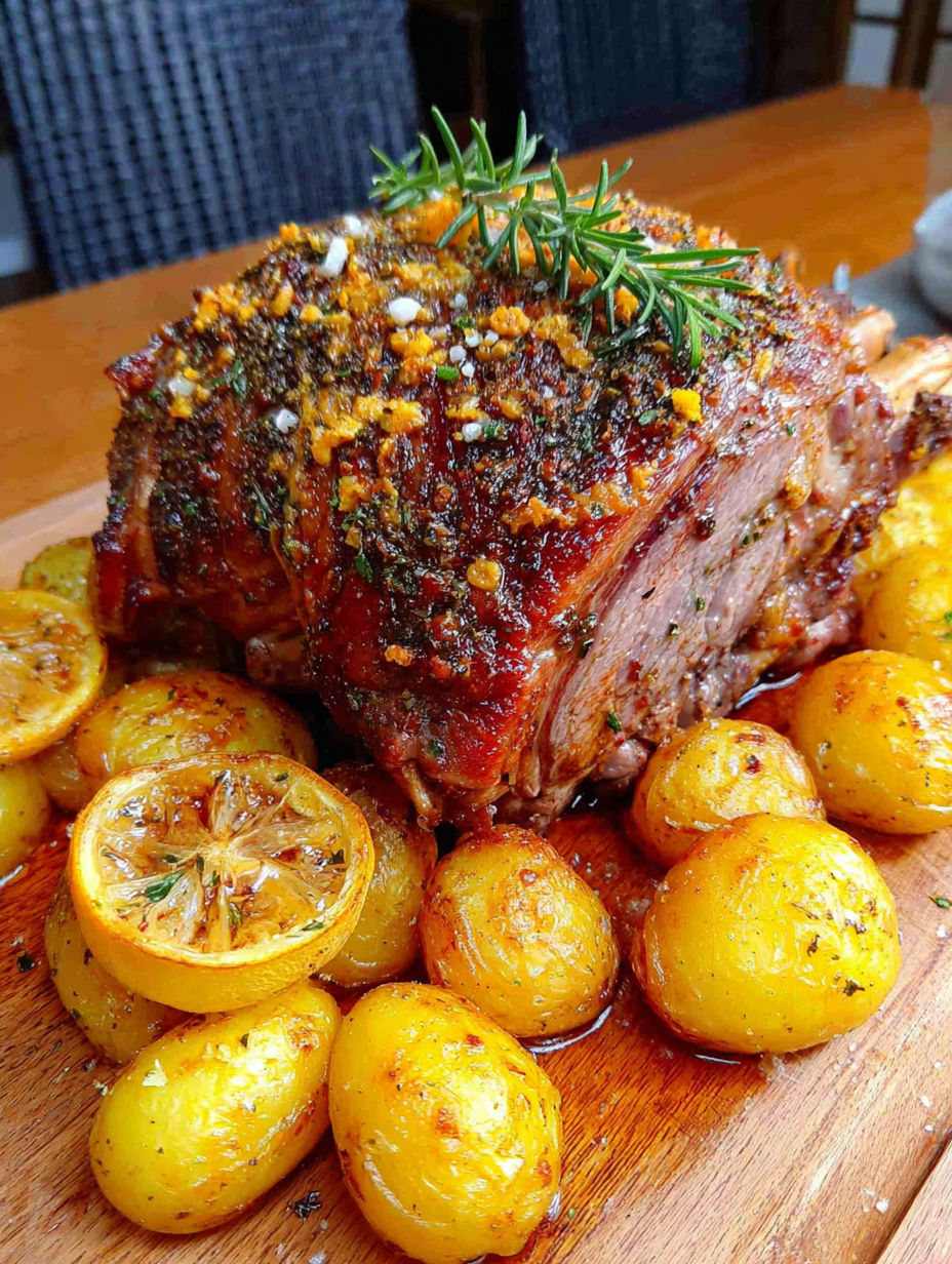 A roasted lamb with potatoes and lemons.
