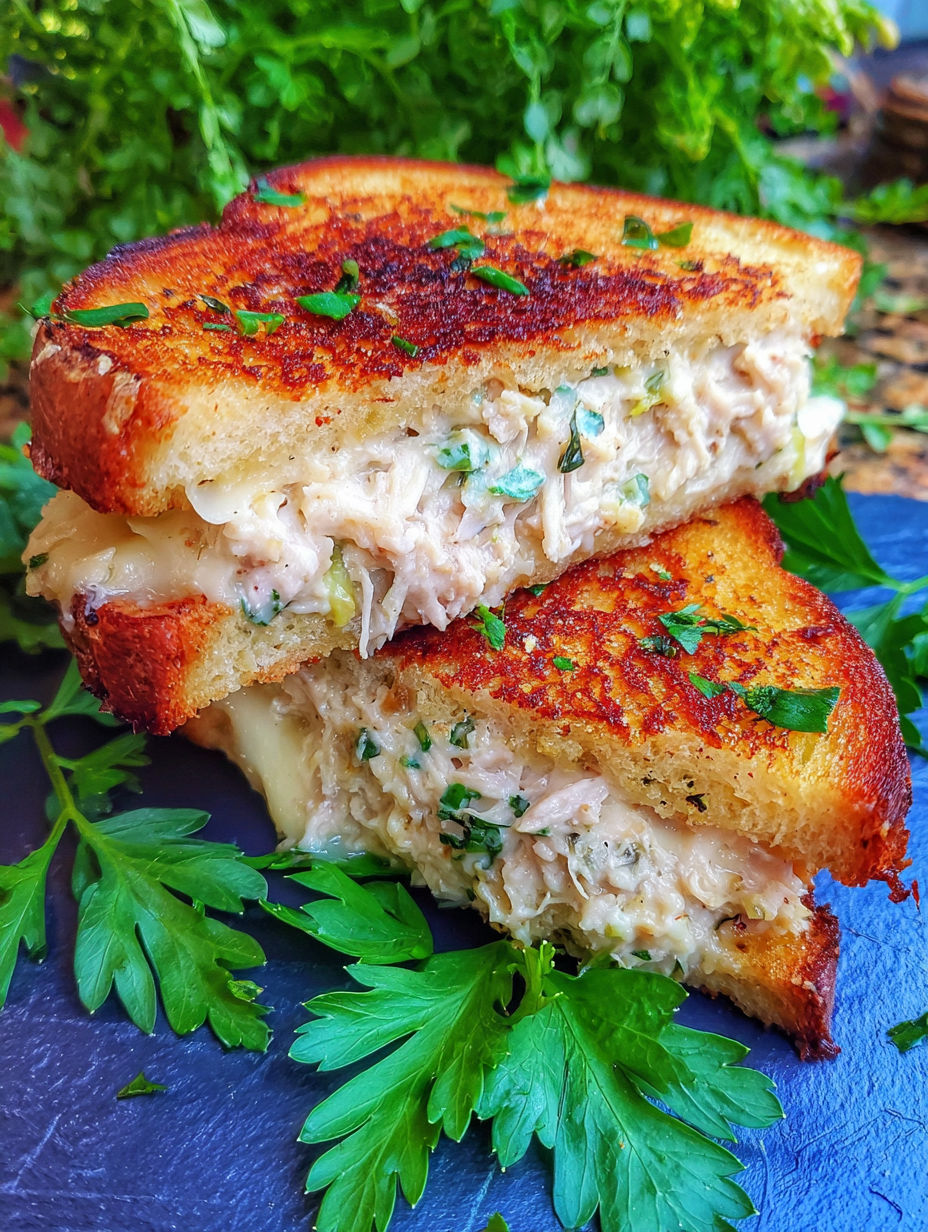 A sandwich with tuna and cheese on it.