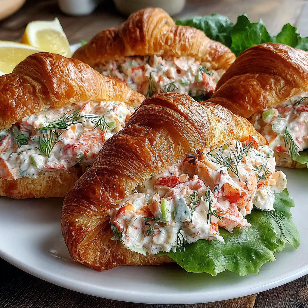 Two croissant rolls filled with lobster salad.