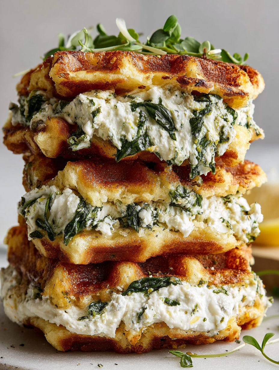 A stack of waffles with spinach on top.
