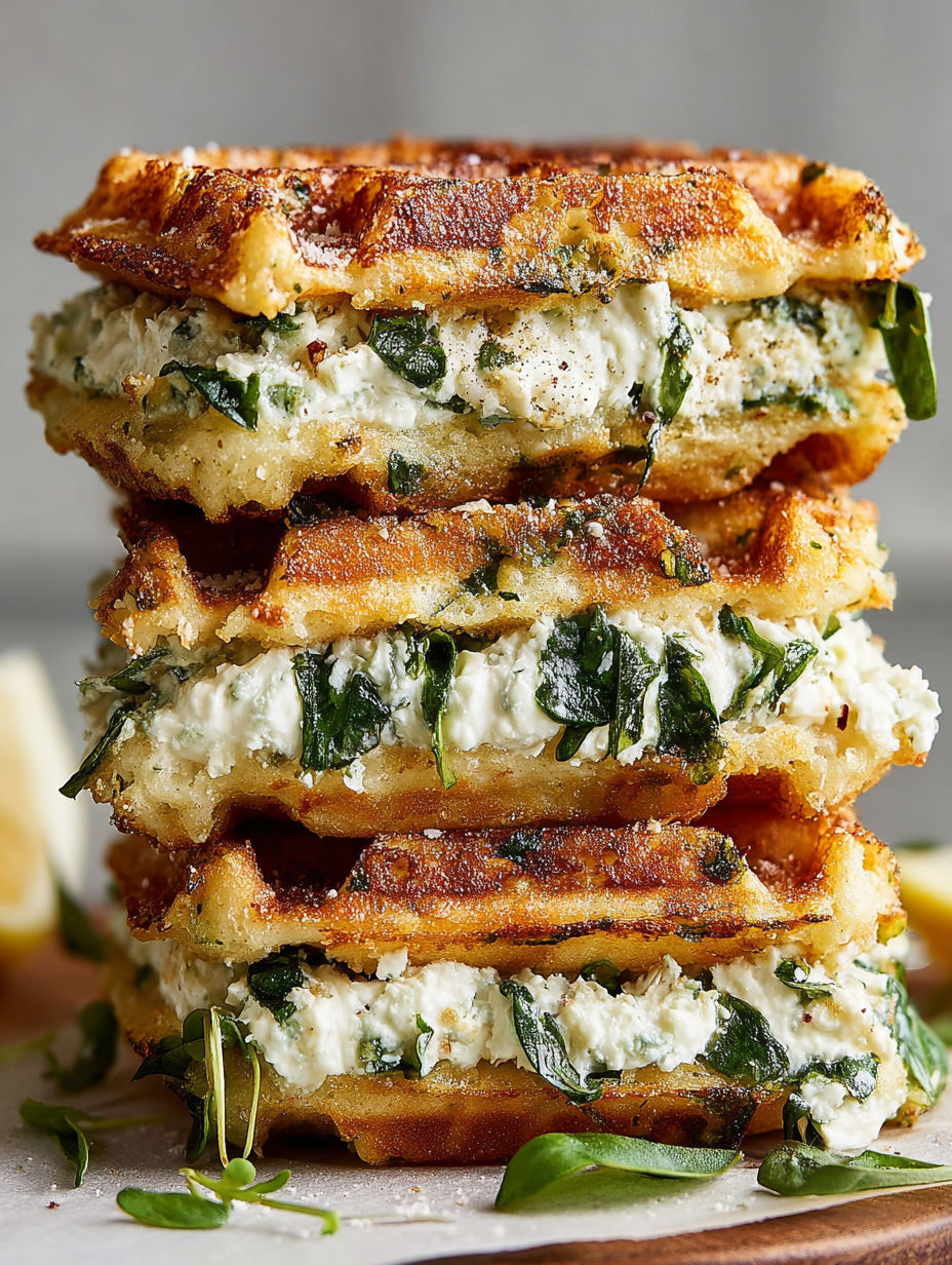 A stack of waffles with spinach on top.