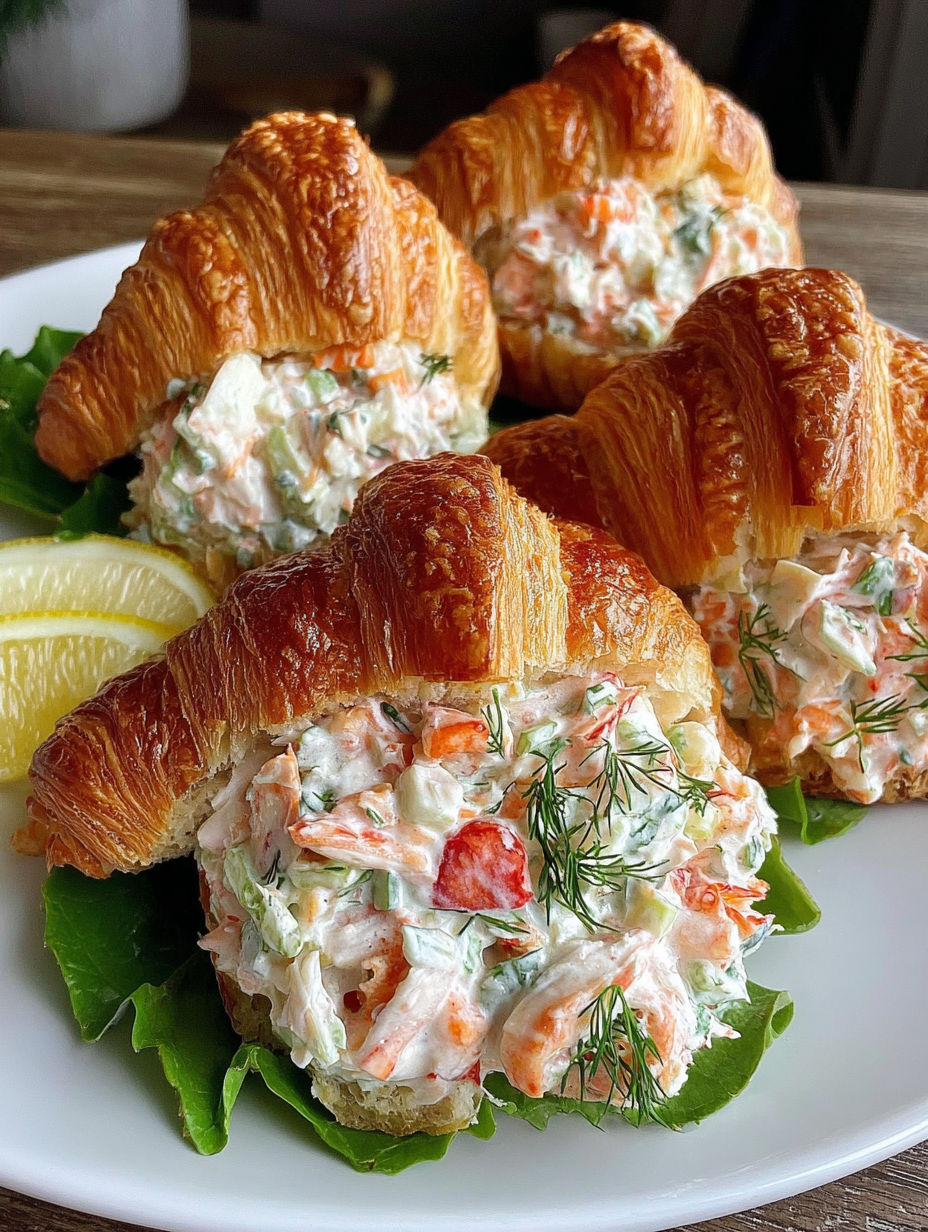 A plate of croissant rolls filled with lobster salad.