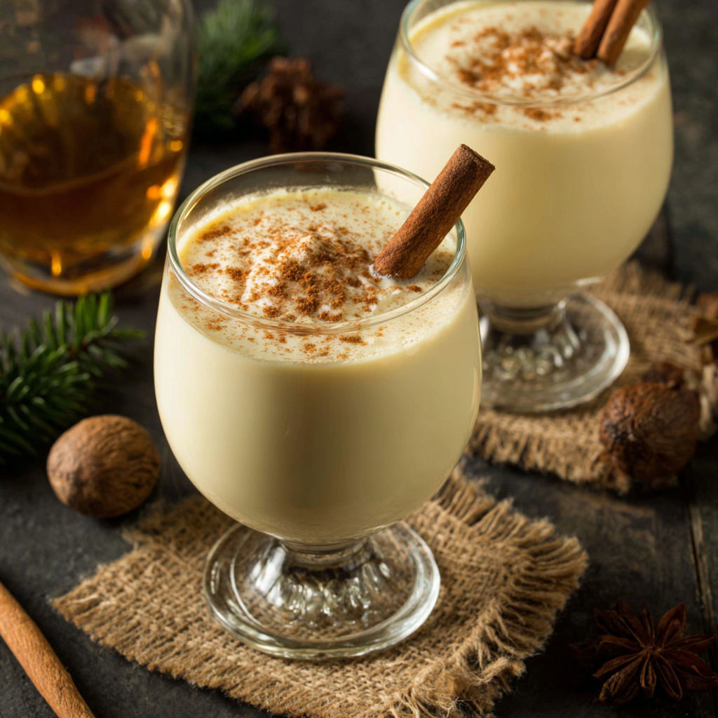 Two glasses of eggnog with cinnamon sticks in them.