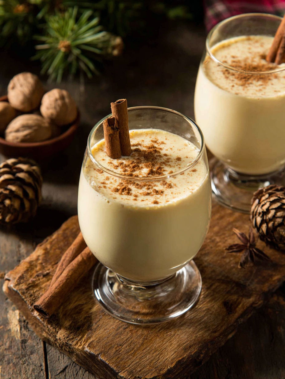 A glass of eggnog with cinnamon on top.