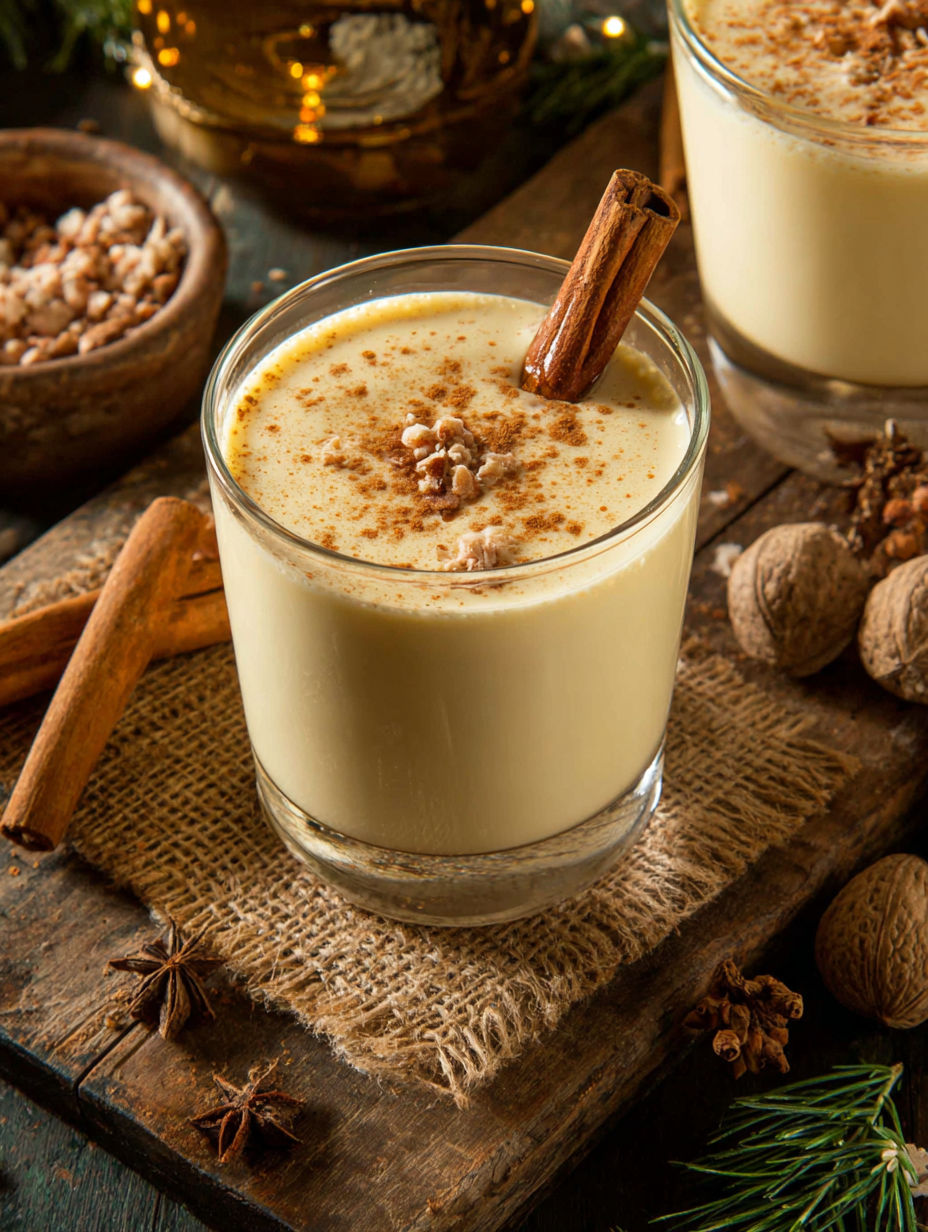 A glass of eggnog with cinnamon on top.
