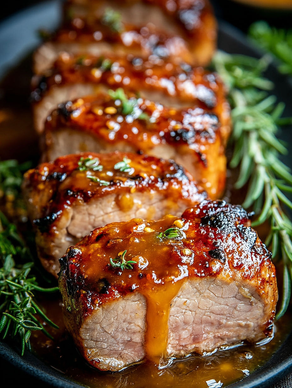 A close up of a piece of meat with a sauce on it.