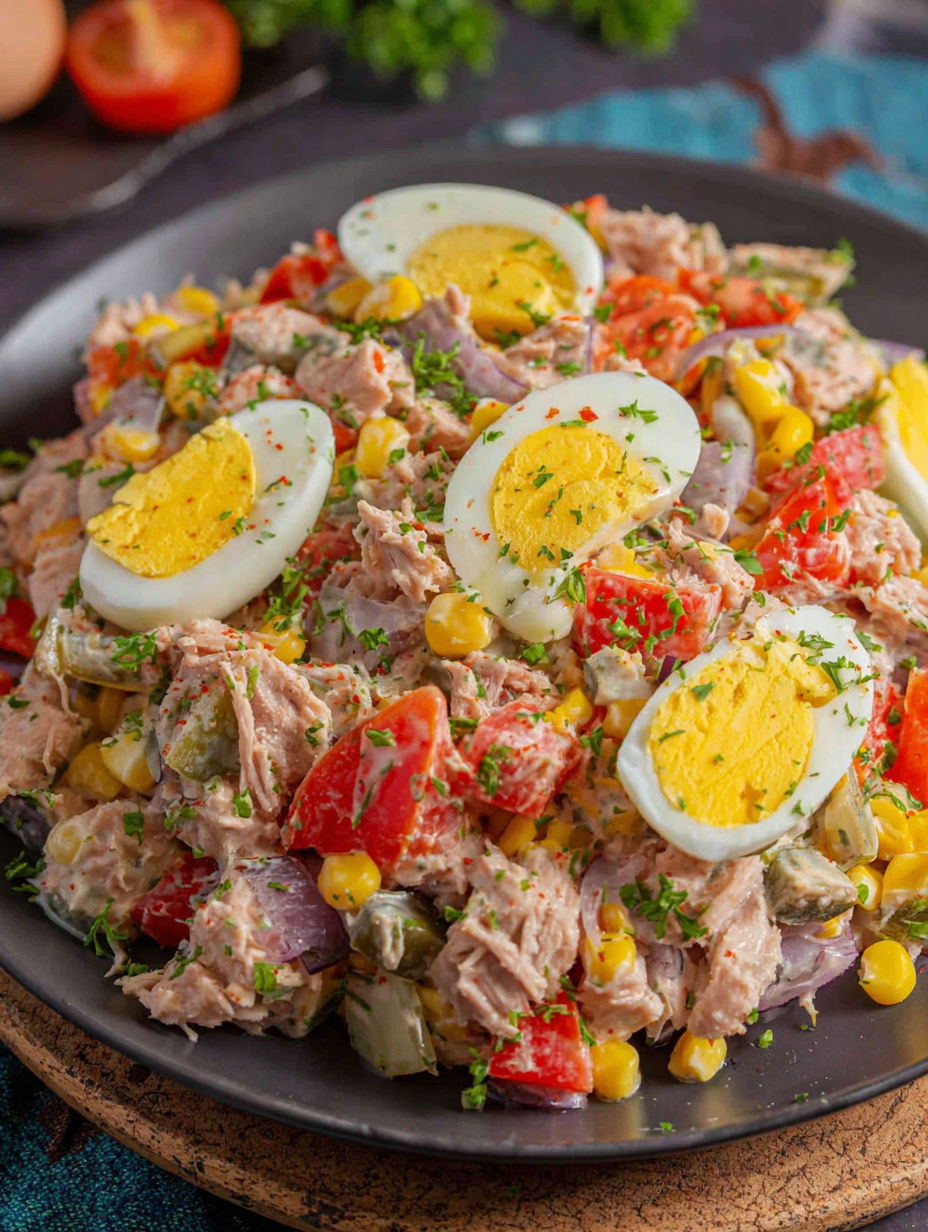 A plate of food with eggs, corn, and tomatoes.