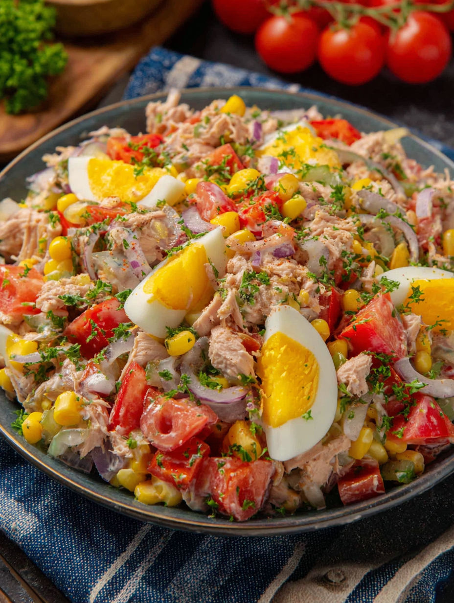 A plate of food with eggs, corn, and tomatoes.