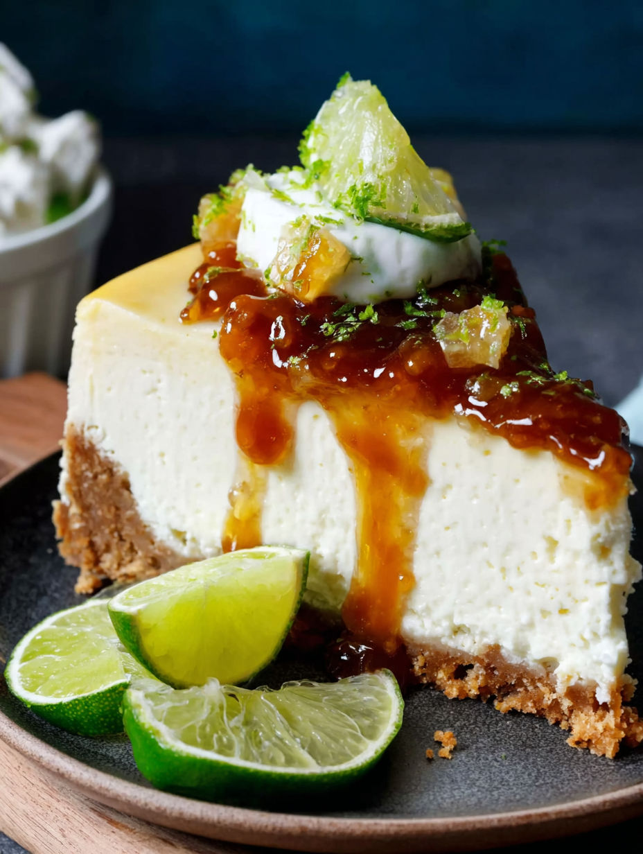 A slice of cheesecake with a lime wedge on top.