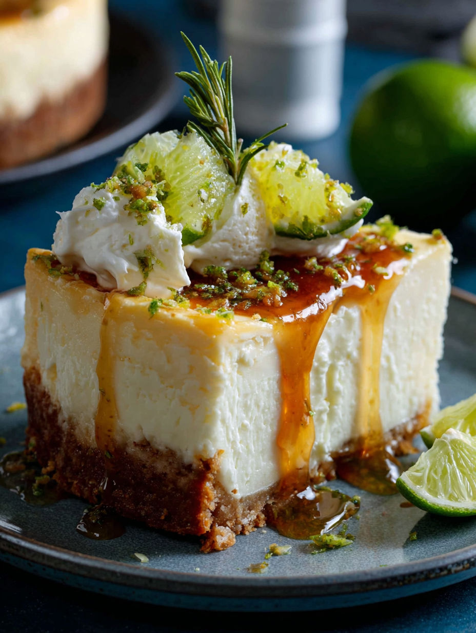 A slice of cheesecake with a lime wedge on top.