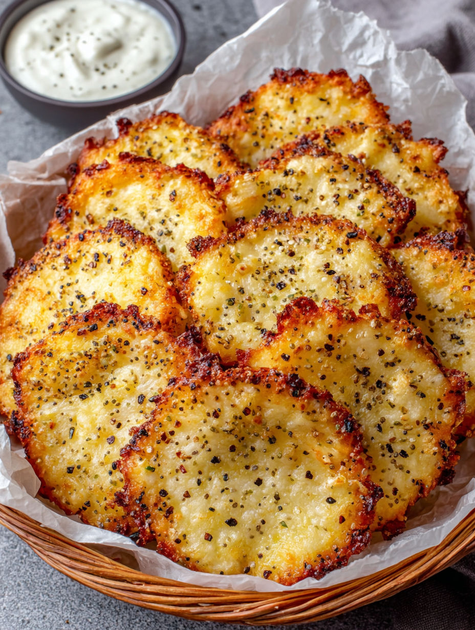 A basket of fried food with a dipping sauce.
