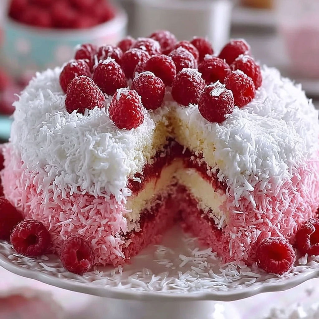 A slice of a raspberry coconut snowball cake.