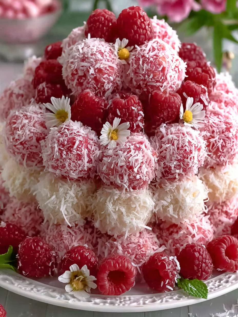 A white cake with pink raspberries on top.