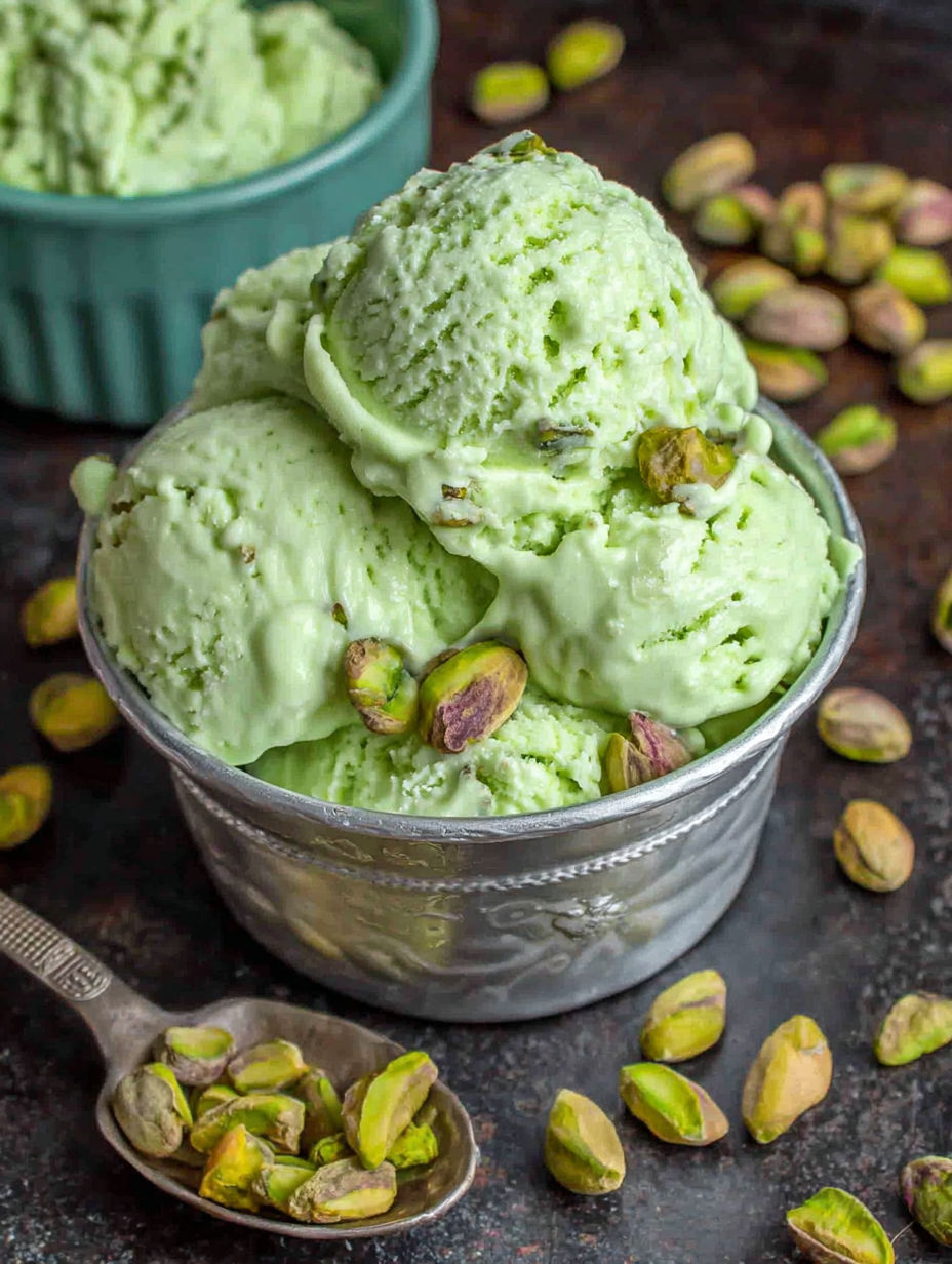 A bowl of green ice cream with pistachio nuts on top.