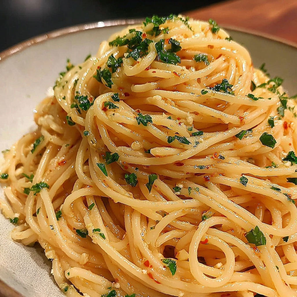 Spaghetti with parsley and garlic.