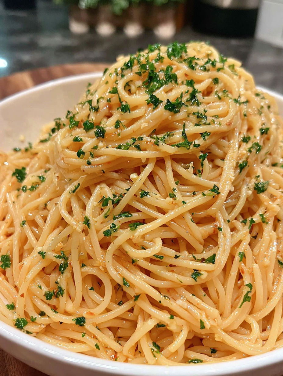 A bowl of spaghetti with parsley on top.
