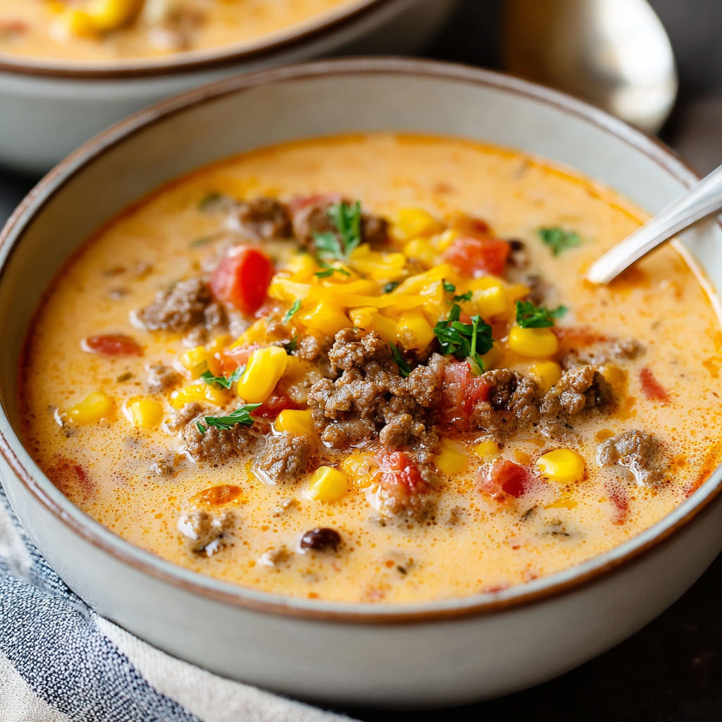 A bowl of creamy cowboy soup with meat and vegetables.