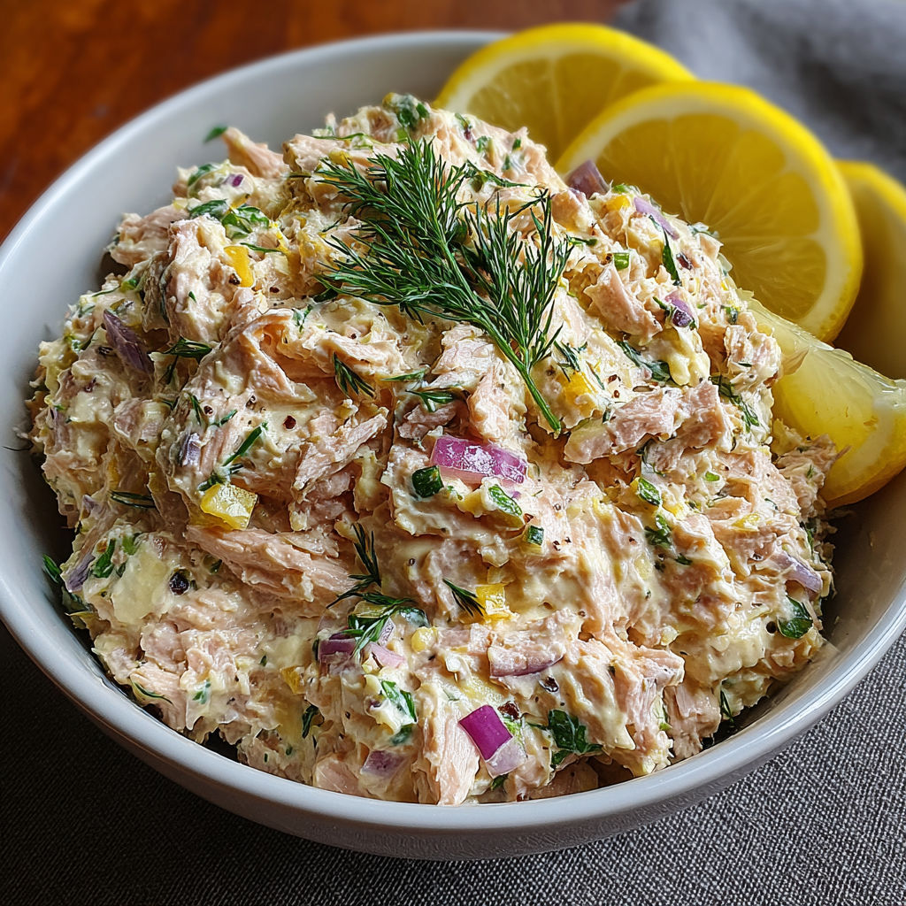 A bowl of tuna salad with lemon wedges on top.
