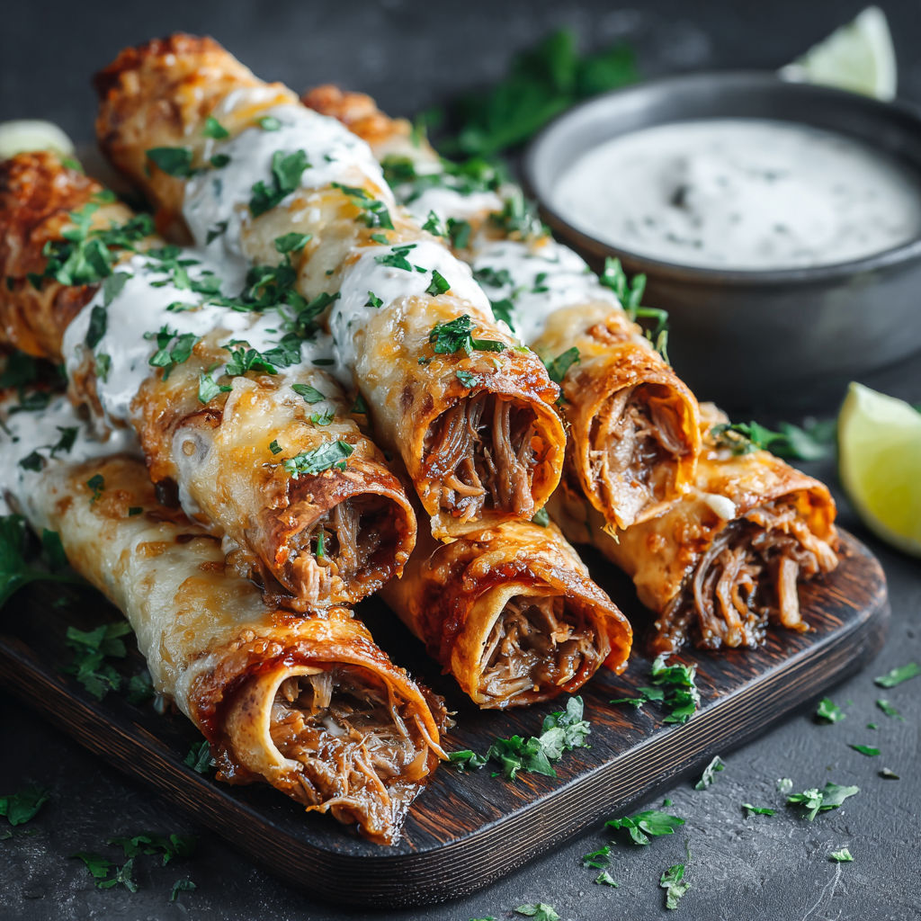 A plate of cheesy pulled pork taquitos with chipotle ranch dressing.