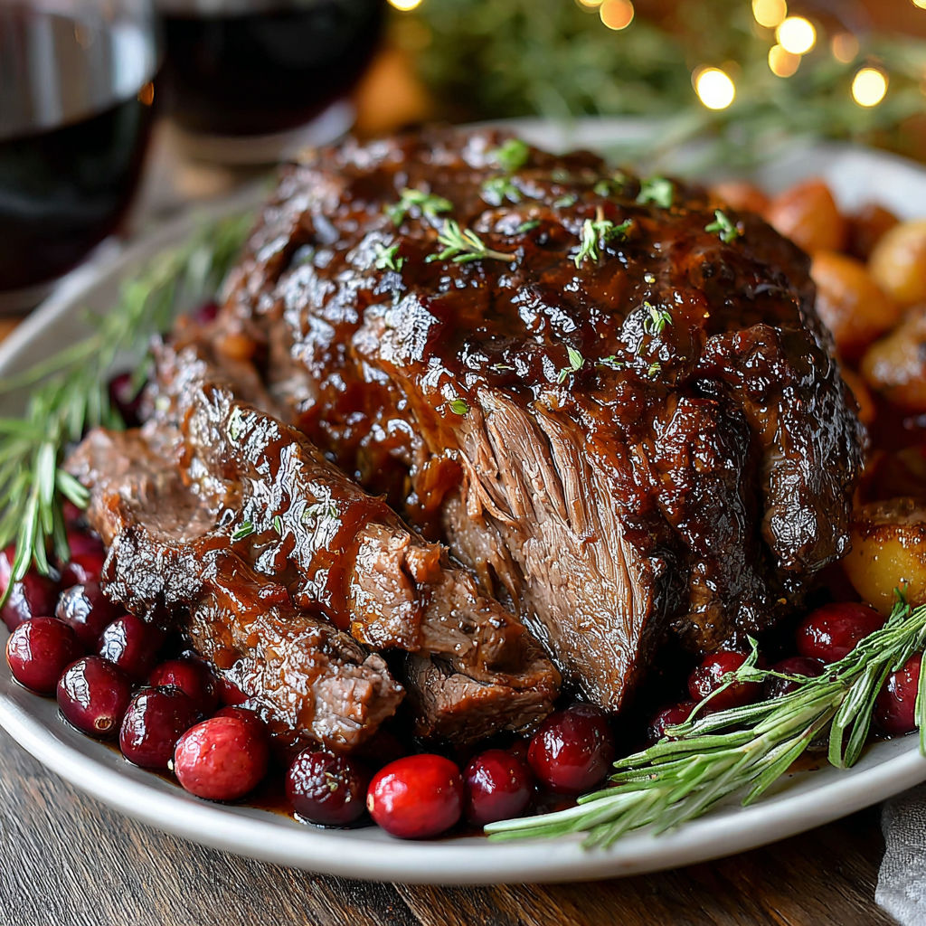 A roast beef dish with cranberry balsamic sauce.