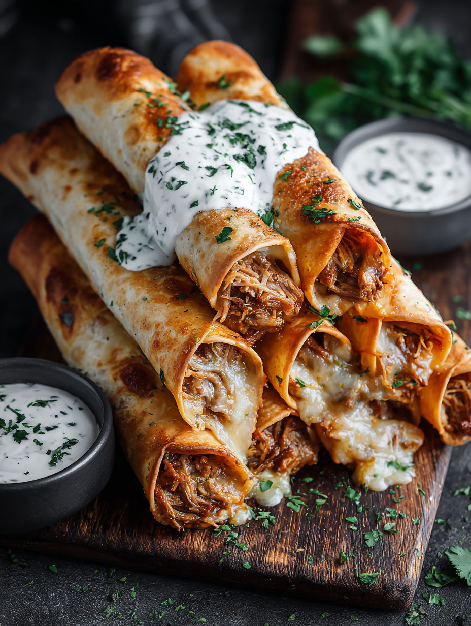 A stack of three enchiladas with white sauce.