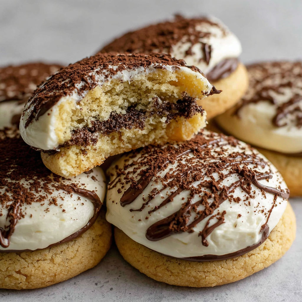 Tiramisu cookies with white and brown frosting.