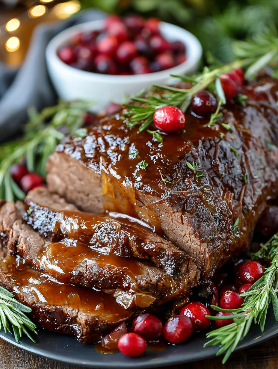 A roast beef with cranberry balsamic glaze.