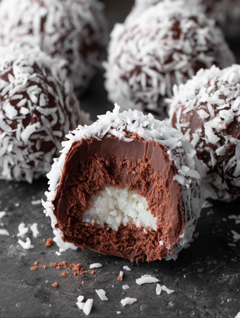 A chocolate covered ball with white cream inside.